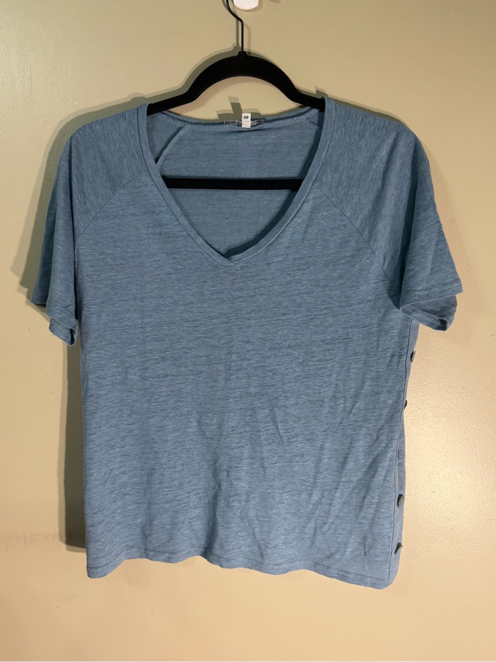 Women's Short Sleeve V-Neck Tee with Side Button Detail - Light Blue